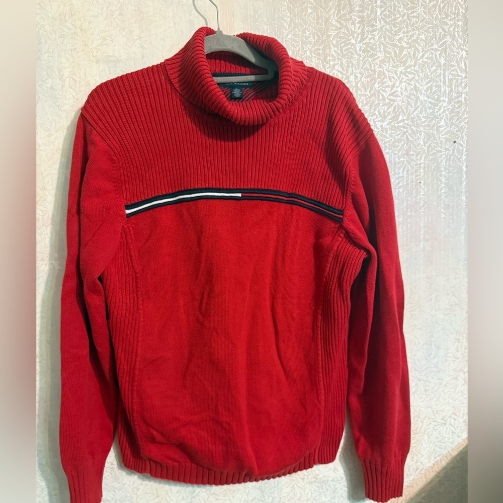 Y2K Tommy Hilfiger Red Turtleneck Knit Sweater, Academia, Casual Business, XL